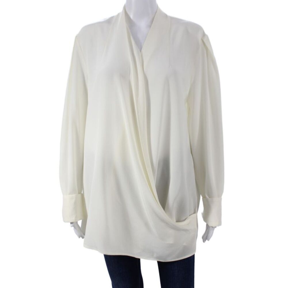 Etro Women V-Neck Silk Tunic Blouse Ivory Long Sleeve Size 50